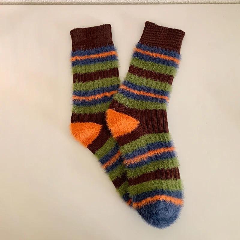 

1/2pairs Striped Knitted Socks Women Girls Winter Warm Sock Home Mid-tube Mink Velvet Thick Stocking Thicken Fluffy Sleeping Sox