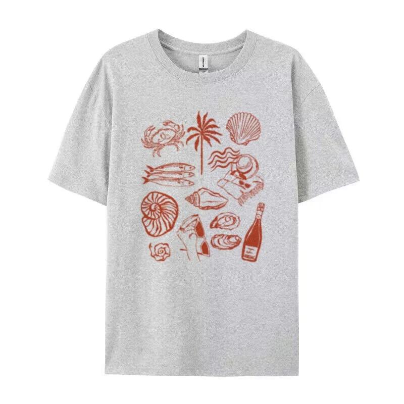 

Женская мода Летняя футболка с рисунком морского побережья, Ретро-эстетика, Сладкая жизнь, Милая футболка с устричным вином, Пляжный отпуск 4XL