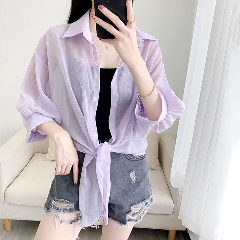 Chiffon Doll Sleeve Cardigan Women's Thin Sun Protection Shirt Short Outer Shawl Loose Top Thin Coat White Polo Collar Shirt