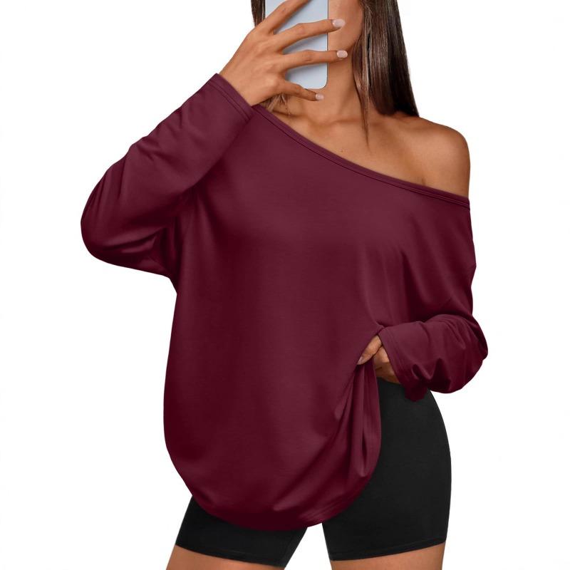 Women S Color Block Off Shoulder Hooded Long Sleeve Casual Sports T Shirt