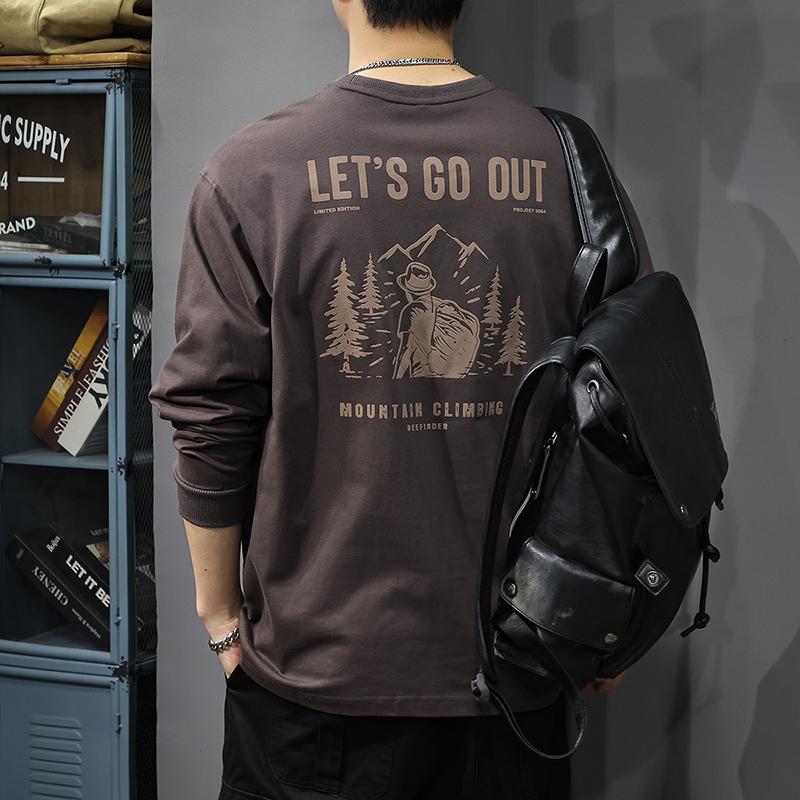 

Футболка с длинным рукавом из хлопка с принтом на весну и осень, мужская свободная, большого размера, с круглым вырезом, нижняя рубашка, американский модный свитер 5XL темно-коричневого