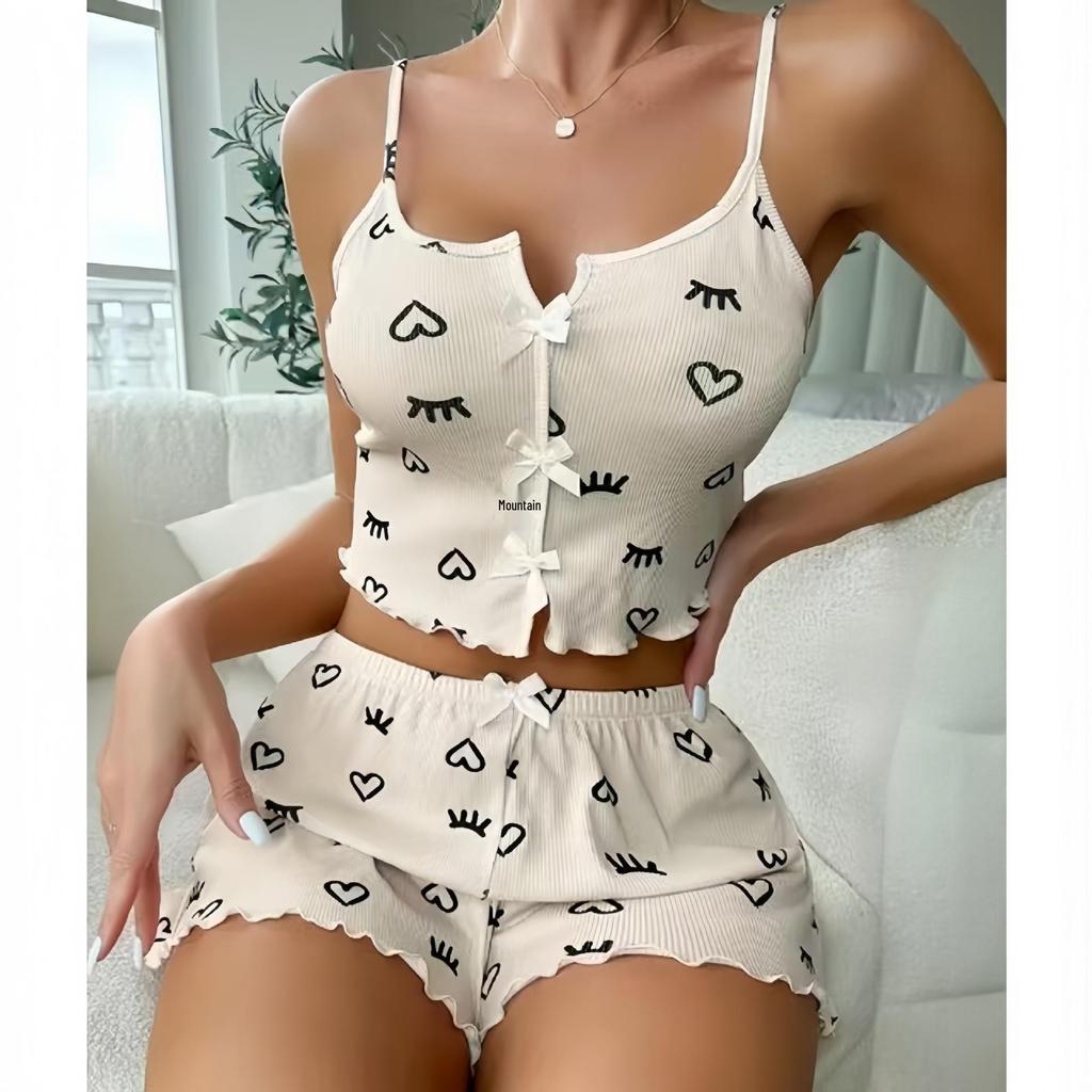 Heart-shaped Eyelash Print Ribbed Pajama Set - Camisole & Shorts
