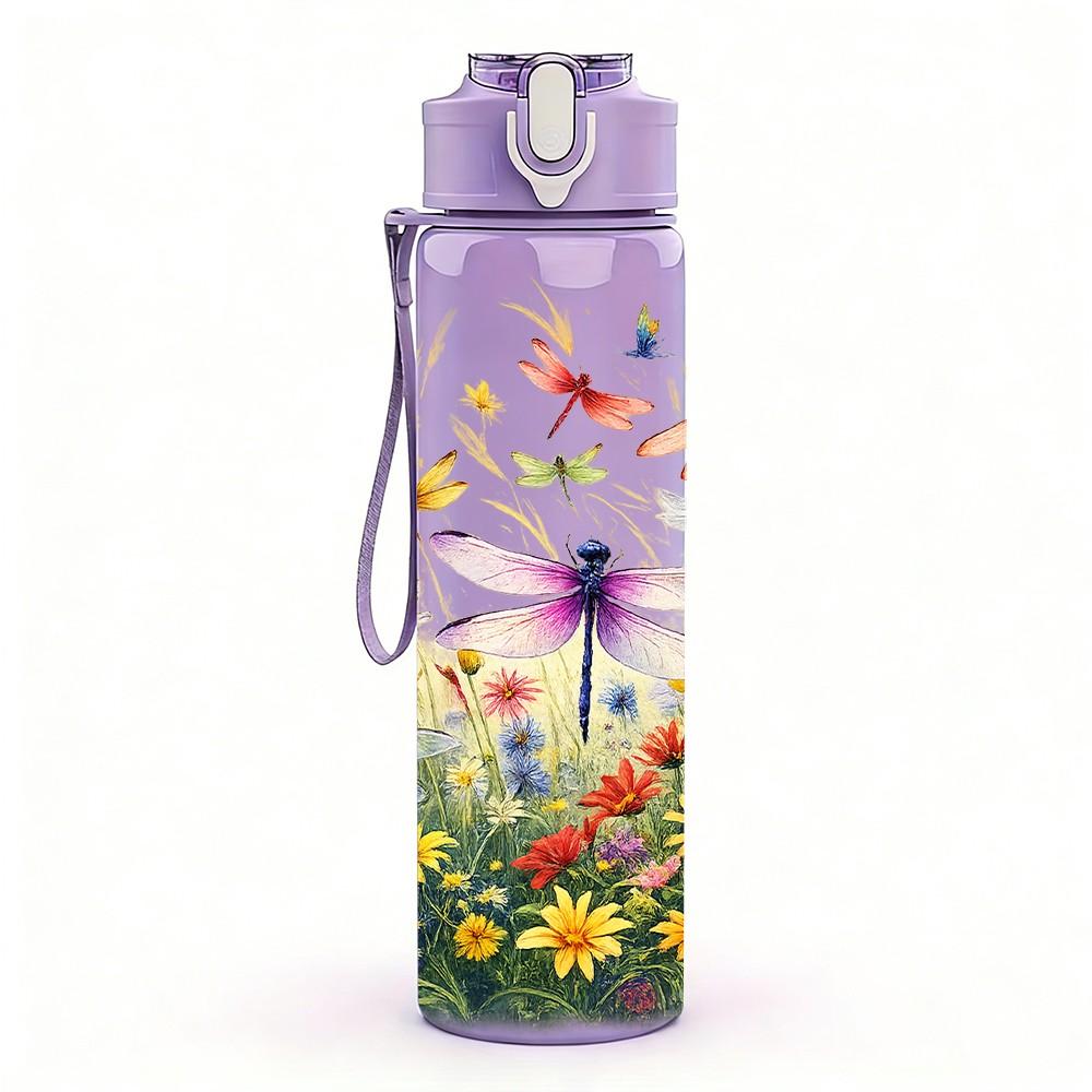 1PC Dragonfly Wildflower Meadow Print 750ml Color Plastic Sports Water Bottle Leakproof Flip Straw Lid Suitable for Sports Office Home Use