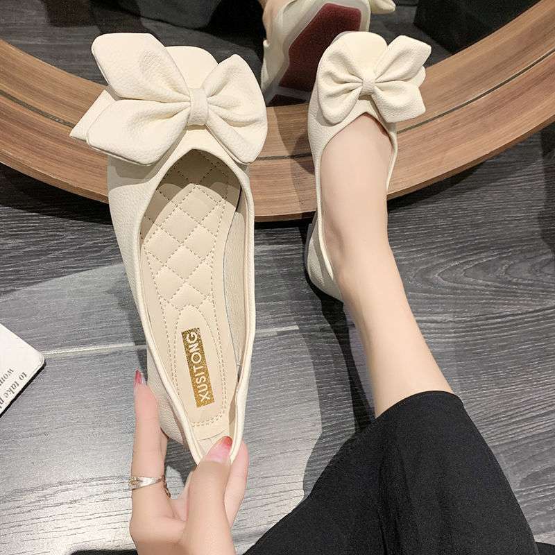 Single shoes women's spring and summer new Korean version of square head flat bottom bow women's shoes low-top shoes Doudou pedal lazy shoes tide
