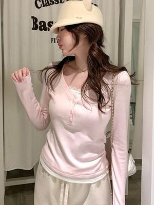 Women's Slim Fit Cropped Long-Sleeve T-shirt - Unique Fake Two-Piece Design for Autumn & Winter