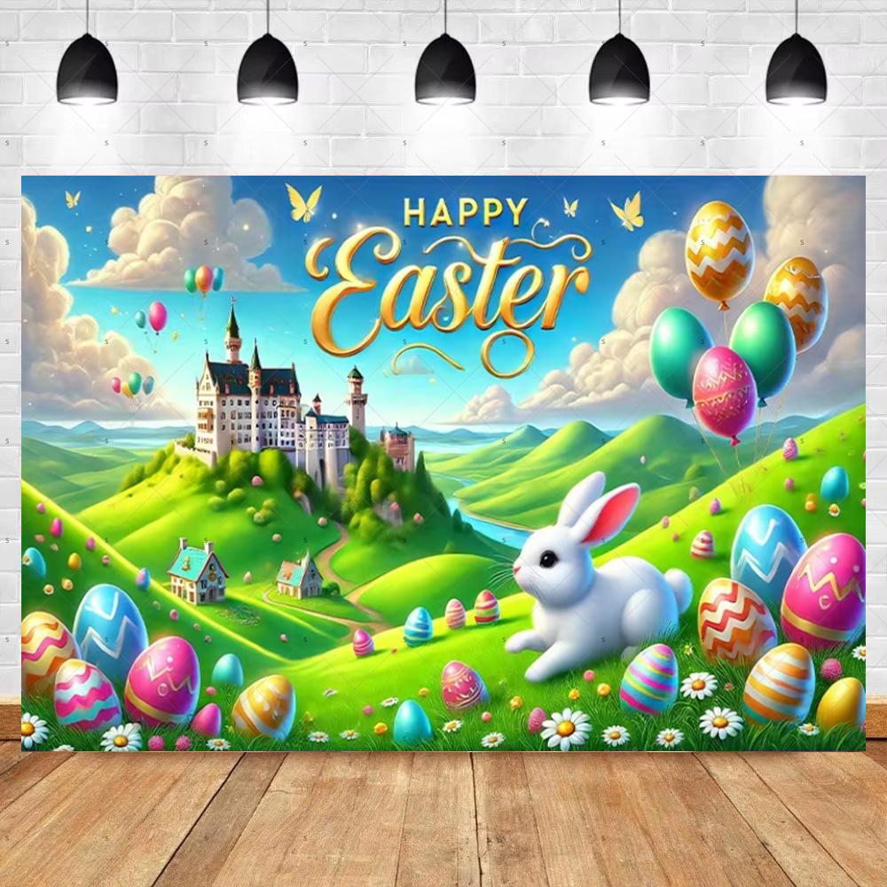Spring Vibrant Rabbit Backdrop Supplies Happy Easter Theme Background Banner Bunny Easter Eggs Party Decoration Photography Prop