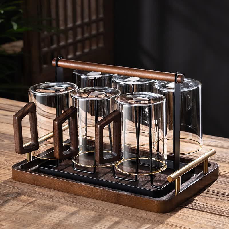 Large Capacity Glass Tea Cup Set with Wooden Handle