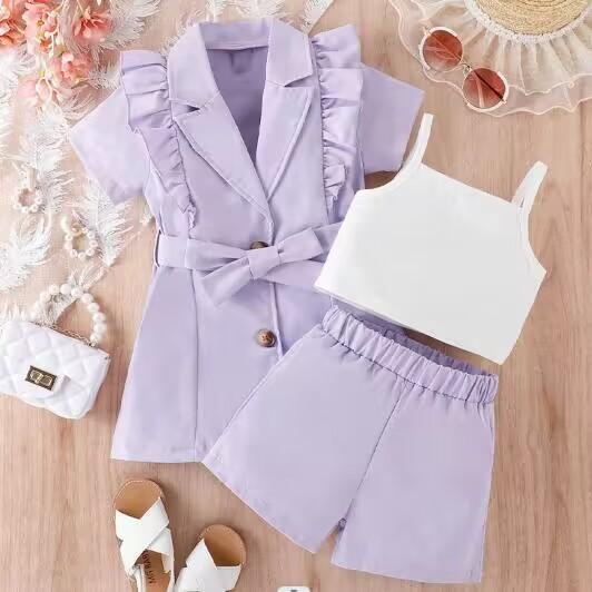 

Модный костюм для девочек, весенне-осенний детский повседневный однотонный комплект с короткими рукавами и лацканами, комплект из трех предметов 4Y фиолетовый