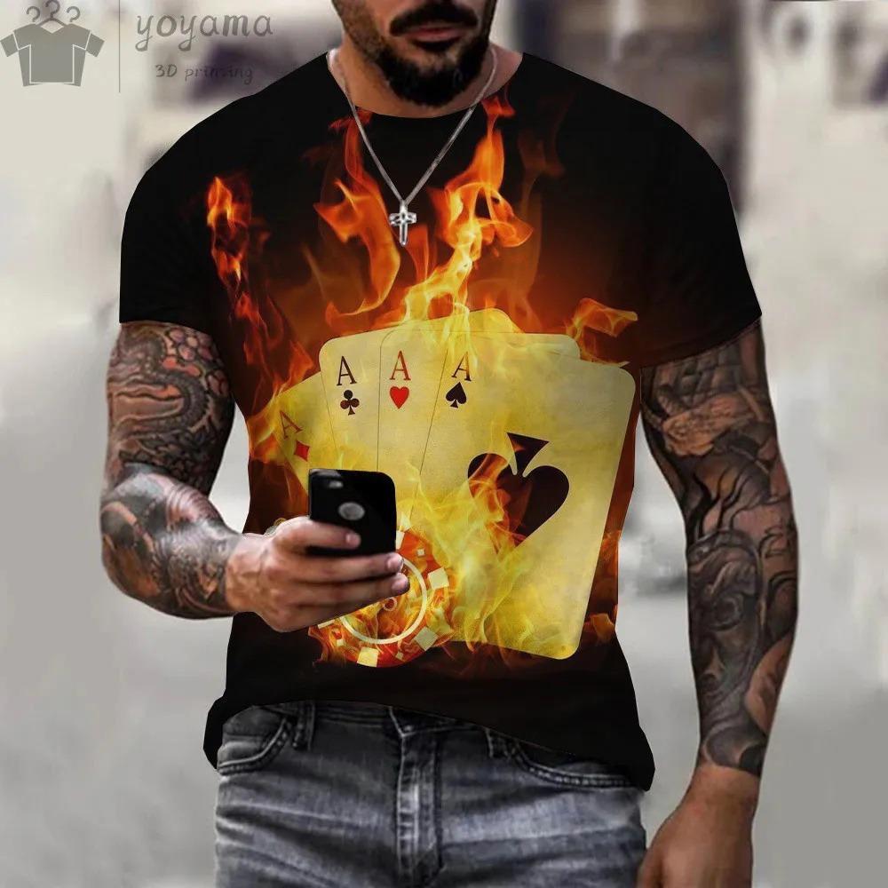 Summer Casual 3D Poker A-pattern Retro Printed Men's T-shirts Short Sleeves O-collar Oversized T-shirt Casual Fashion Sports Top