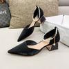 2025 summer new side empty thick heel single shoes Korean version pointed temperament high heels Internet celebrity shallow mouth hollow single shoes