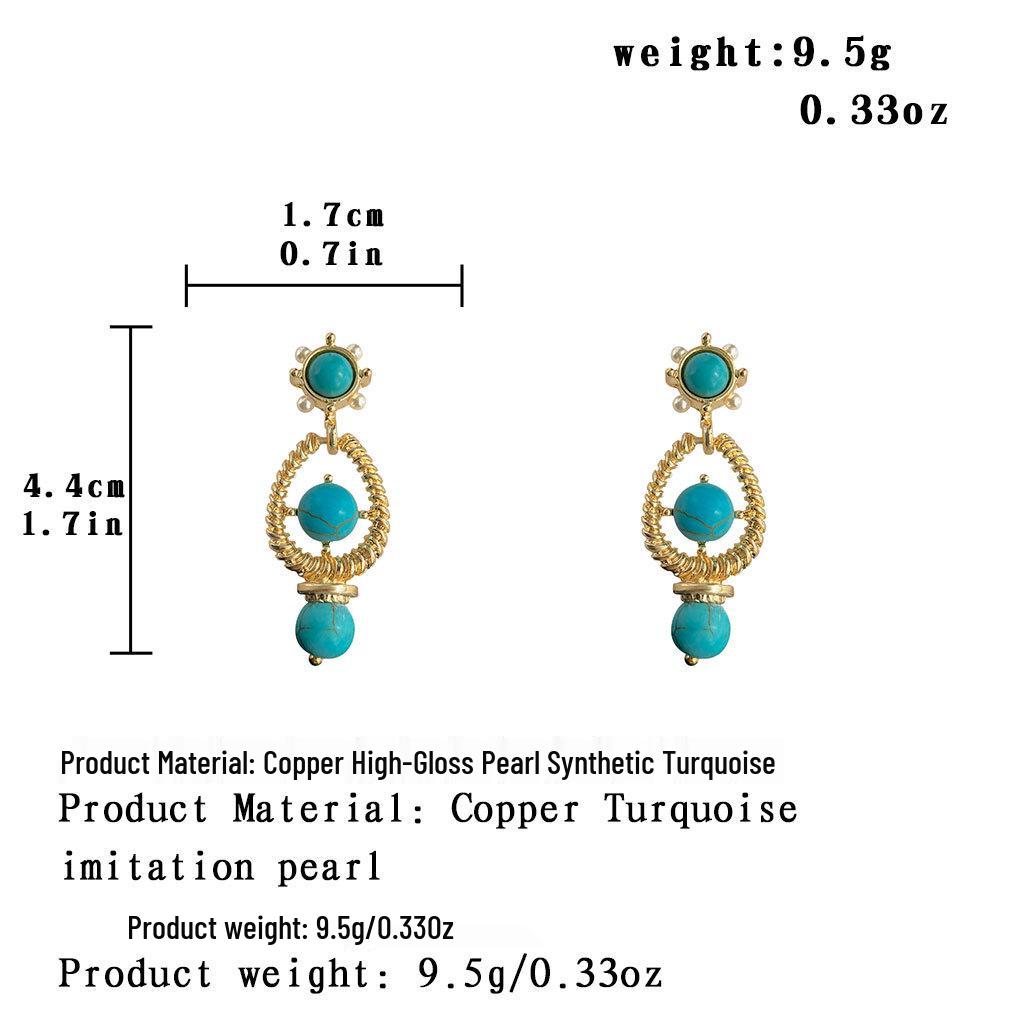 Geometrische Türkis-Perlen-Silbernadel-Ohrringe im Vintage-Stil - Retro High-End Luxus