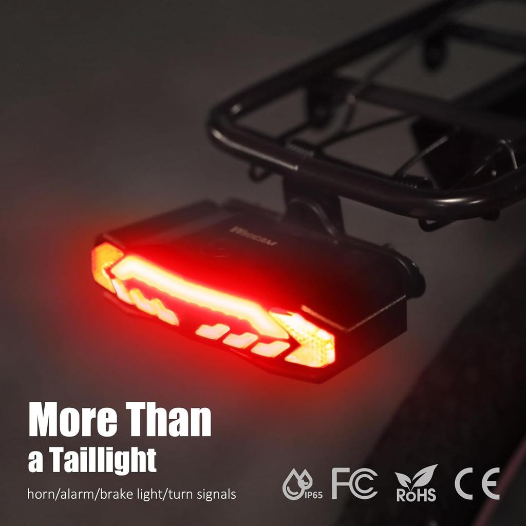 Luz Trasera Inteligente para Bicicleta con Portaequipajes, Intermitentes y Luz de Freno, Encendido/Apagado Automático, Recargable por USB, Control Remoto Inalámbrico, Bocina de Bicicleta, Alarma, Luz Trasera para Bicicleta