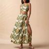 New Vacation Print Elegant Two-piece Set Sling Sleeveless Top and Slit Skirt sets Women