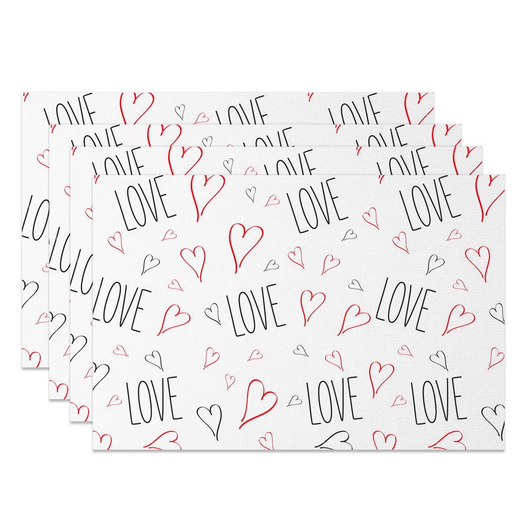 Heart Shape Placemats Romantic Love Pattern 4pc Linen Dining Mats Heat Resistant Valentine's Day Wedding Anniversary Party Decor