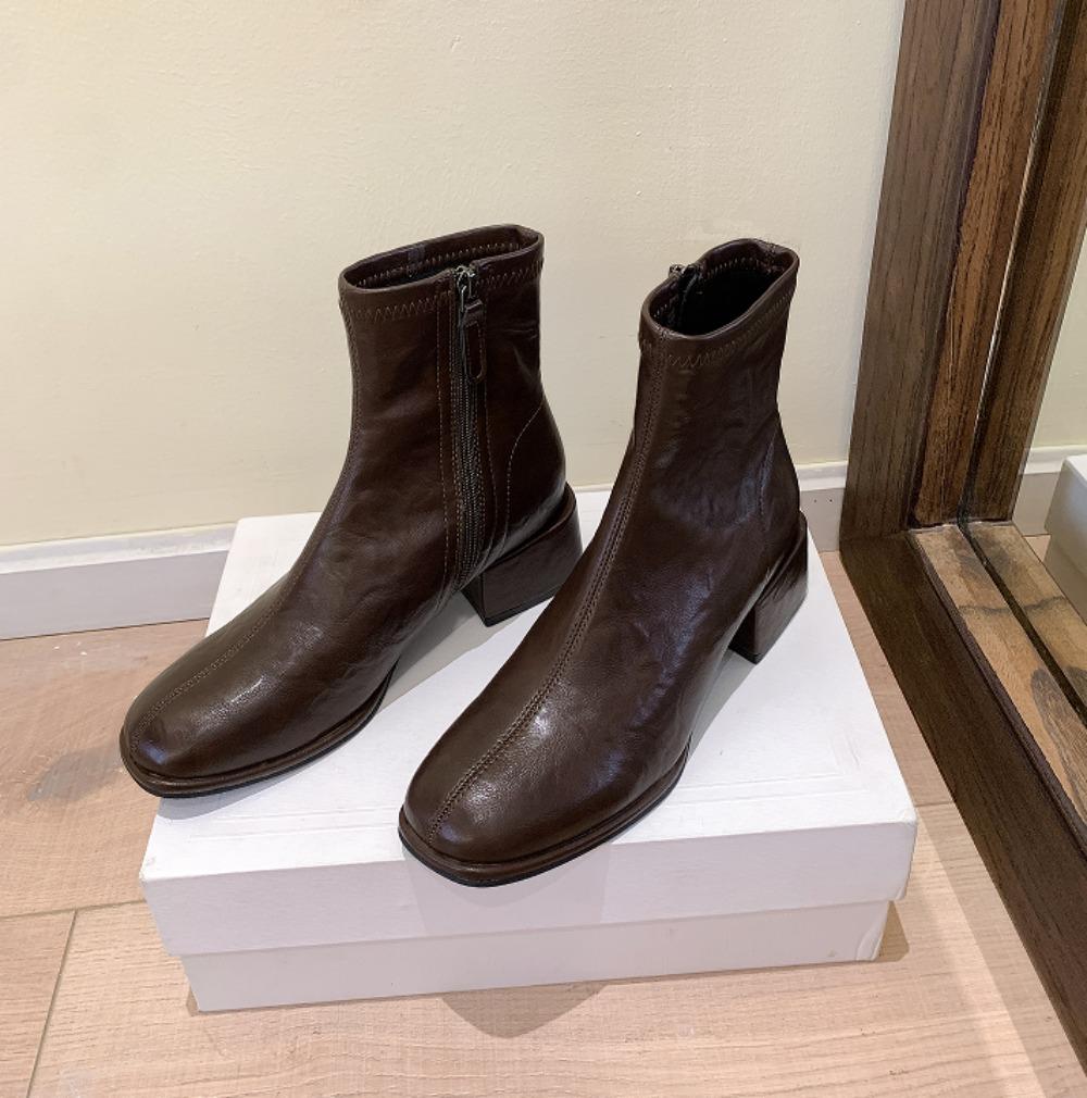 Women'S Autumn Boots Genuine Leather  New Autumn Winter Thick Heel Retro British Style Short Boots Casual Low Boots Women