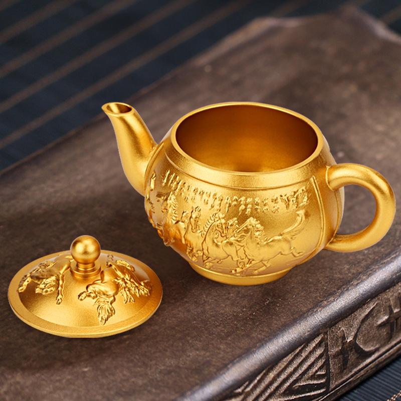 Ornamento Bule de Chá de Latão Oito Cavalos: Artesanato Criativo em Cobre para Sucesso Imediato no Escritório ou em Casa