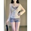 Korean Vacation Want Sweet Striped Swimsuit Female Sexy Split Blouse High Waist To Cover Belly and Show Thin Sunscreen Swimsuit
