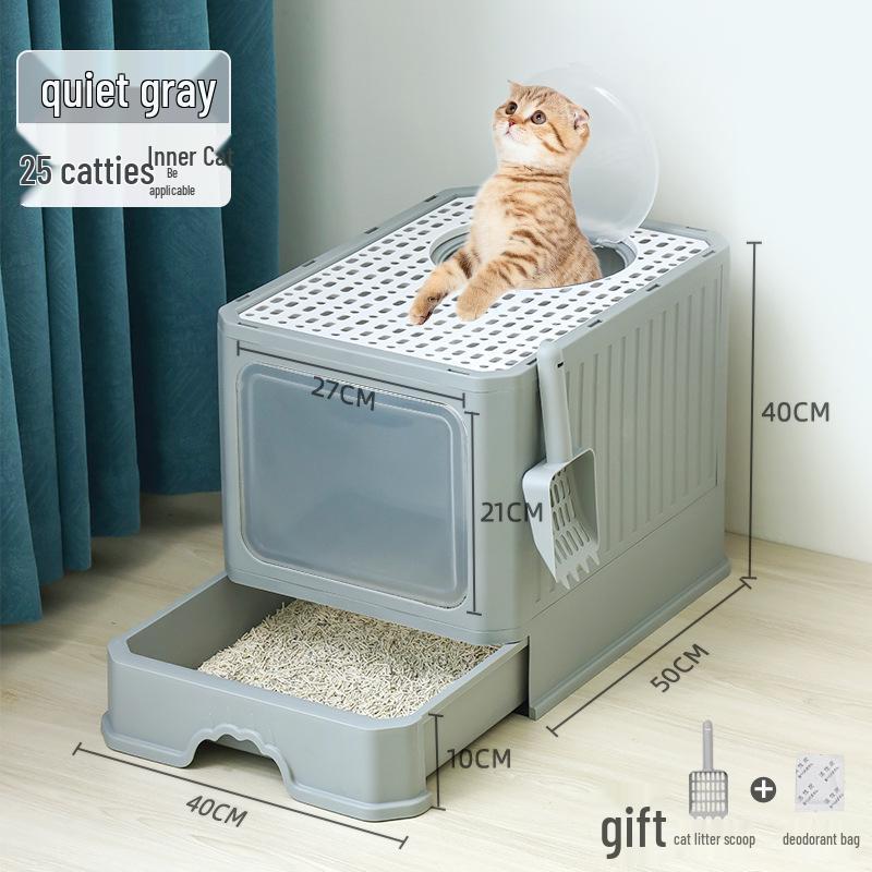 Enclosed Litter Box with Deodorizing, Anti-Splash Folding Drawer Design