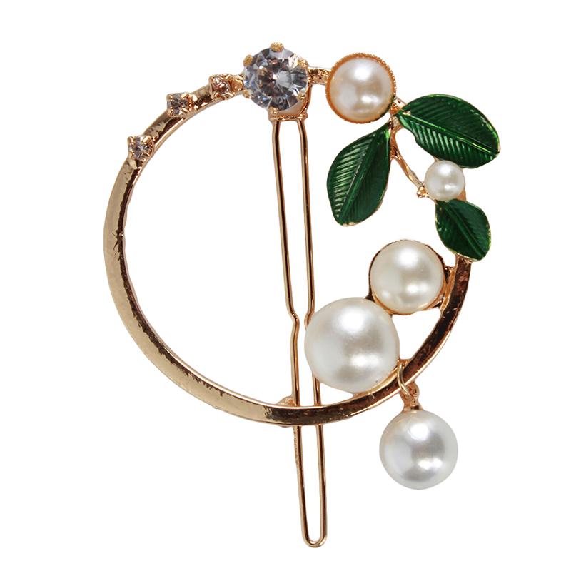 Retro Palace Style Round Pearl Hairpin Temperament Water Diamond Leaf Clip