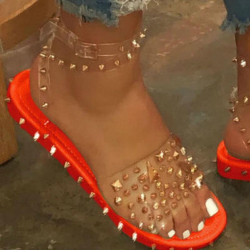 Women Summer Ankle Strap Sandals With Rivet Accents And Transparent Upper For Breathable Comfort