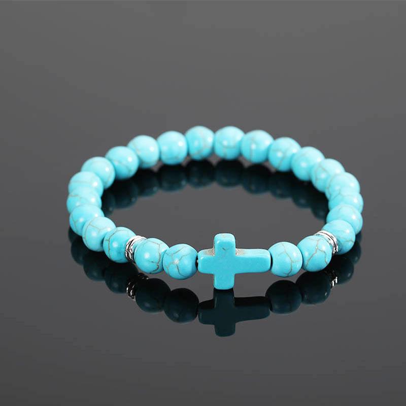 

Natural Tiger Eye Quartz Turquoise Volcanic Stone Elastic Beaded Bracelets for Men Women Personality Cross Bracelet Jewelry Gift