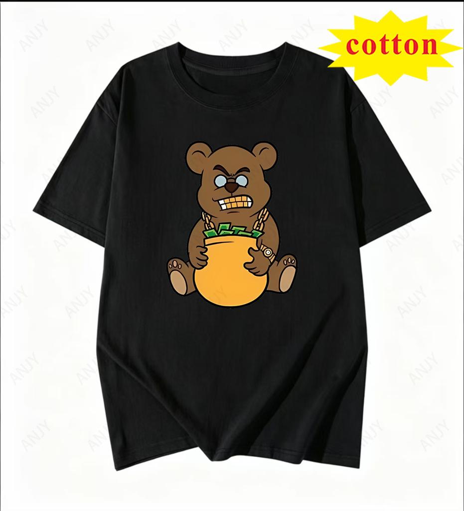 Rich Bear Theme Printed White Tshirt Sunglasses Gold Chain Money Bag Unisexs And Unisexs Casual Top