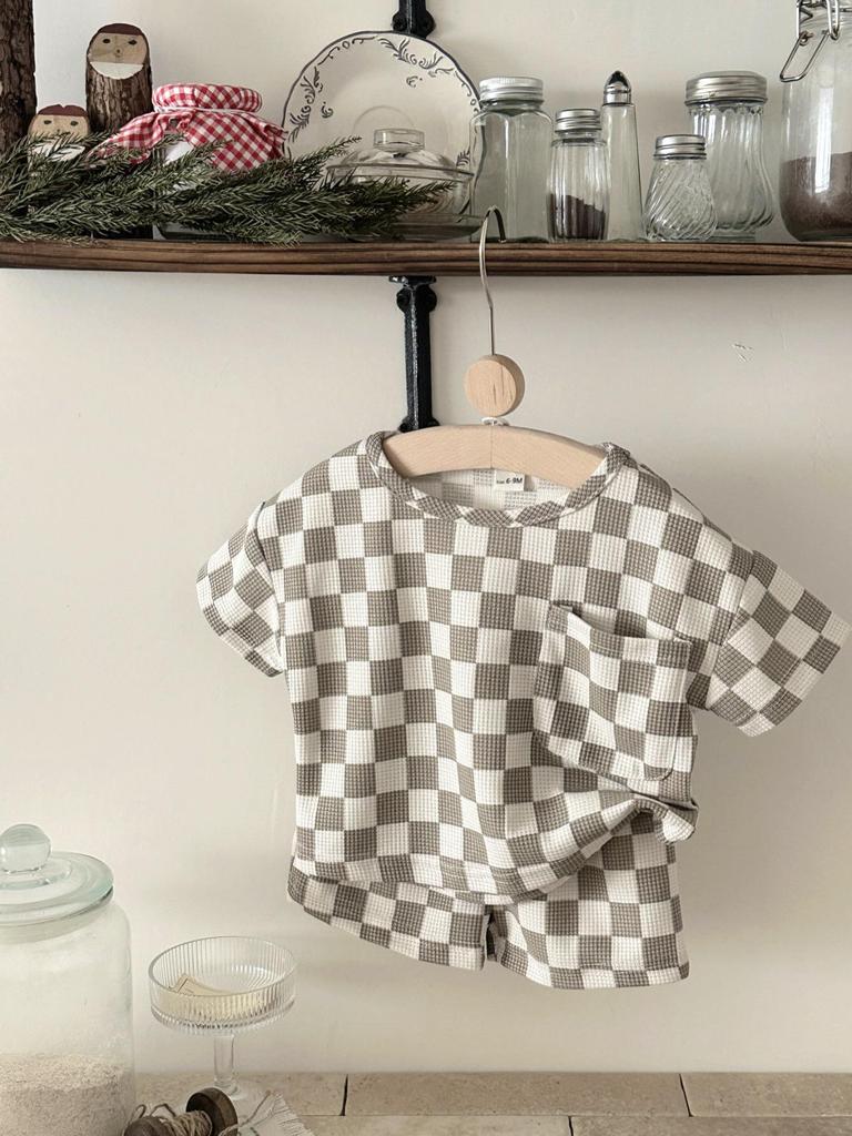 Summer 2026 Korean Style Plaid Two-Piece Set for Kids (0-3 Years) - Short Sleeve & Shorts