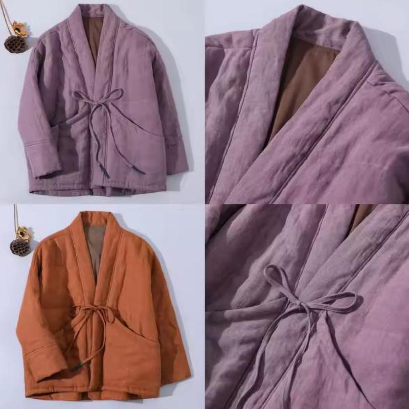 Retro V Neck Tied Padded Coat Fashionable Women's Parka Winter Buddhist Style Loose Overcoat