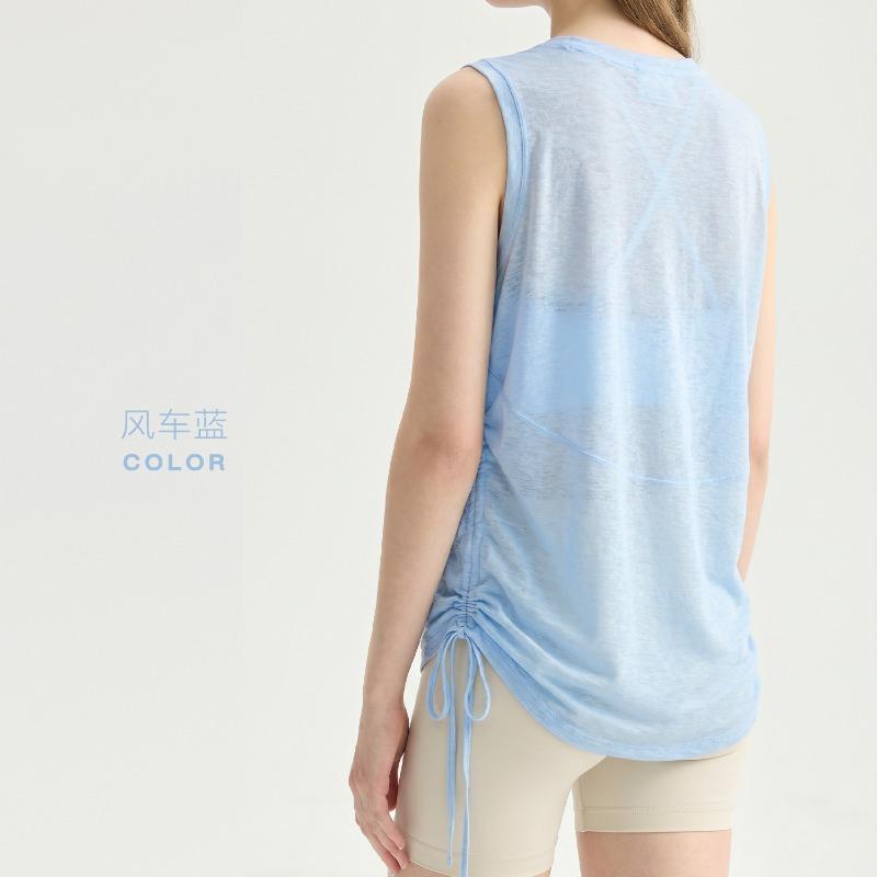 Slub yarn breathable yoga vest women's loose round neck sleeveless sports top hem drawstring yoga blouse
