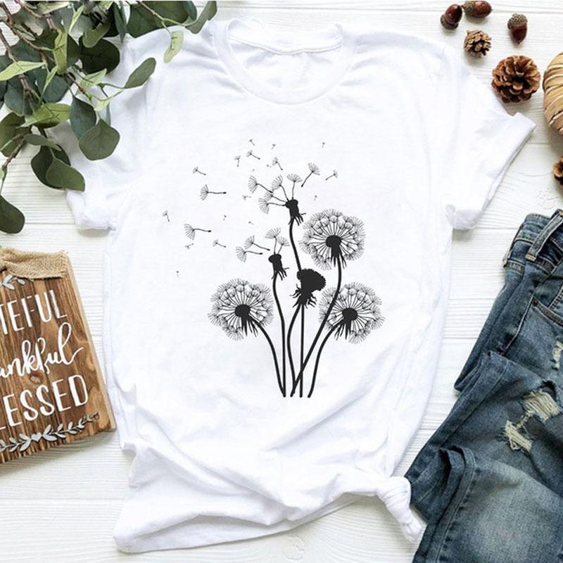 Women's dandelion floral print letter t-shirt - Trendy women's T-shirt with short sleeves Summer polyester fabric