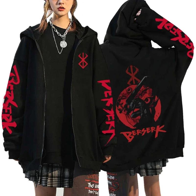 Anime Furious Guts Manga Pattern Print Zipper Hooded Fall Winter Men Women Casual Long Sleeve Sweatshirt Streetwear