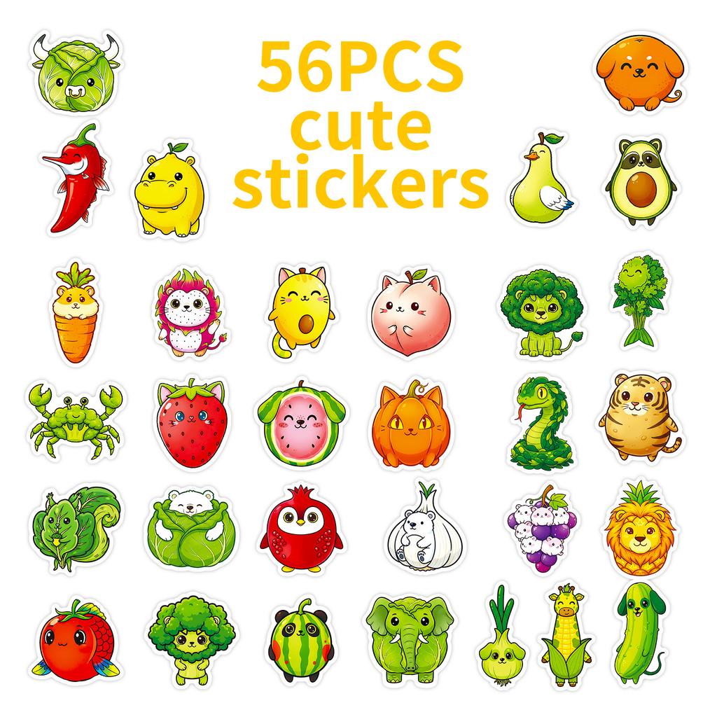 56 Cartoon Vegetables Fruit Animals Graffiti Stickers Creative Handmade Stickers