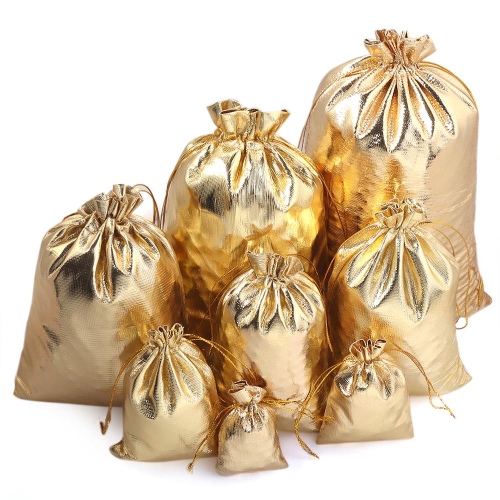 5-10Pcs Silver/Gold Foil Cloth Drawstring Bags Jewelry Gift Bags Candy Beads Bracelet Packing Pouch For Wedding Gift Storage Bag