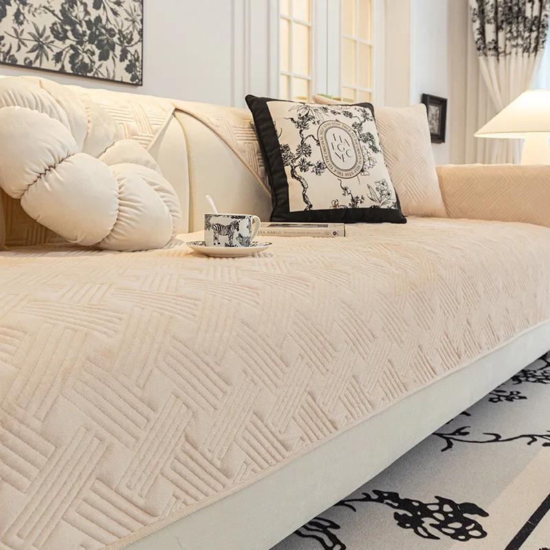 Simple Solid Color Style Sofa Towel Thick Plush Non-Slip Couch Slipcover Anti Pet Scratch Sofa Protector for Living Room Home