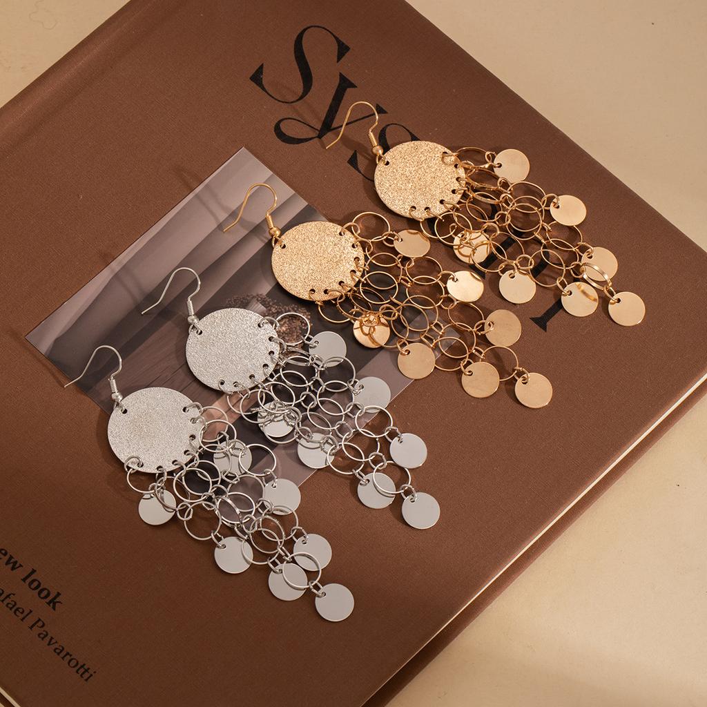 Wind Frosted Sequin Round Hollow Tassel Long Style Light Luxury Earrings