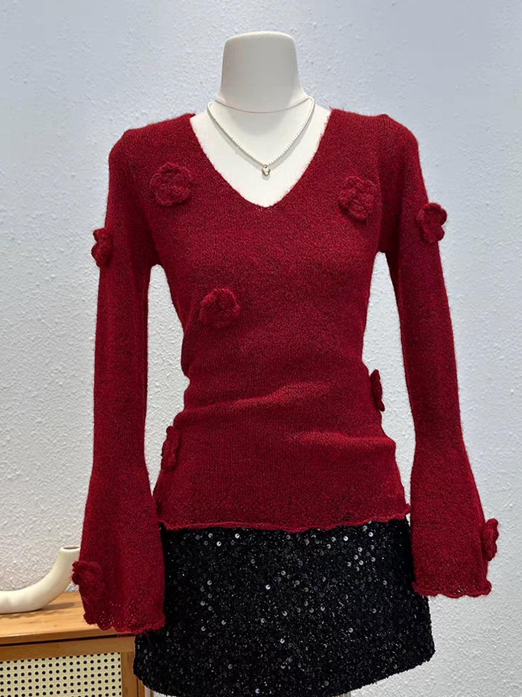 

Вязаный свитер с длинными рукавами и V-образным вырезом в стиле ретро для женской осенне-зимней коллекции, тонкий пуловер нежного ветра, базовая рубашка average size