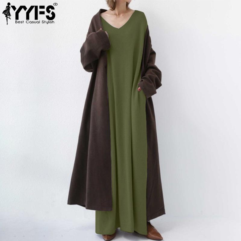 YYFS Damenmode Frühling Herbst Einfarbig Druck Langarm V-Ausschnitt Lockere Taille Freizeitkleider