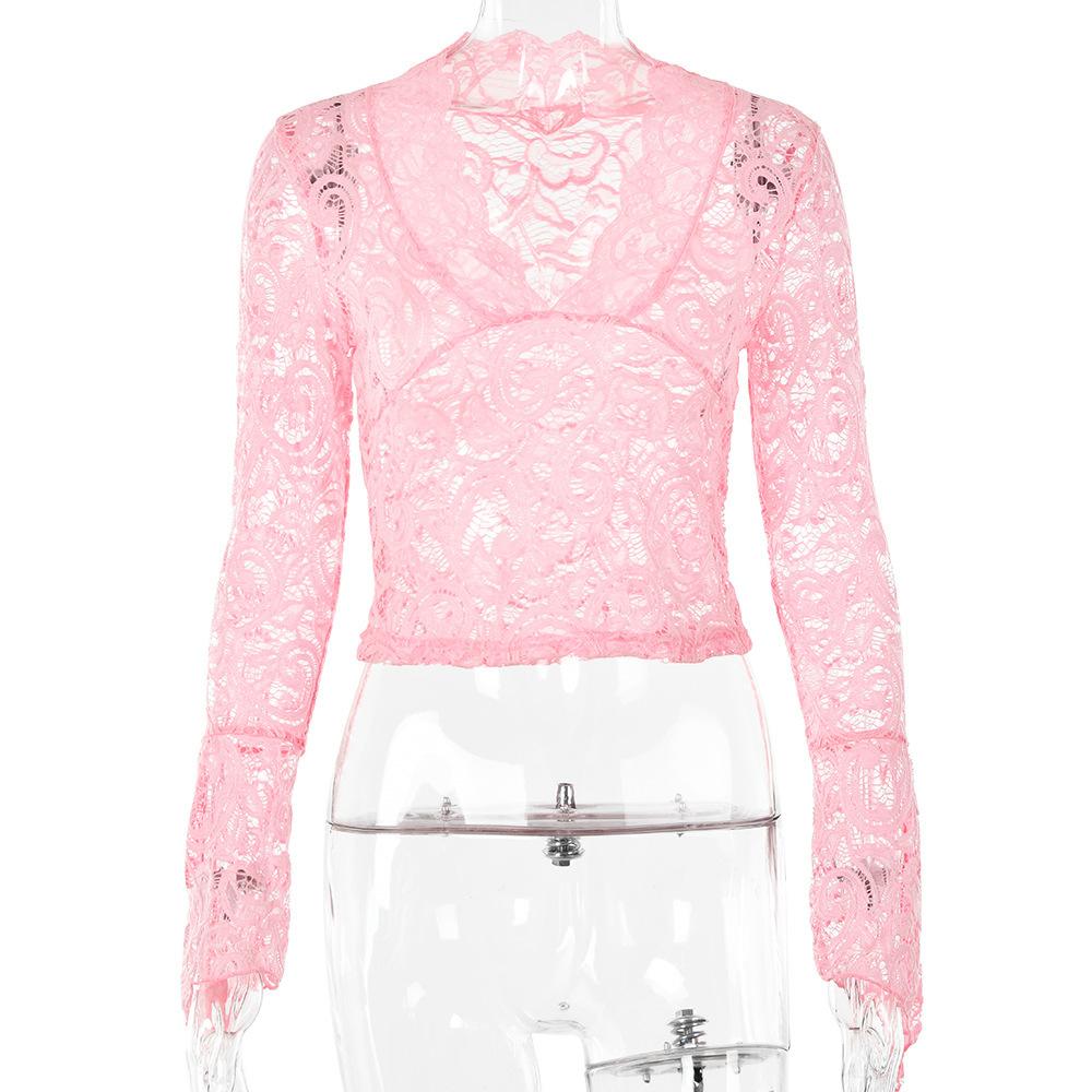 

Летний сексуальный тонкий кружевной топ с v-образным вырезом и расклешенными рукавами L розовый