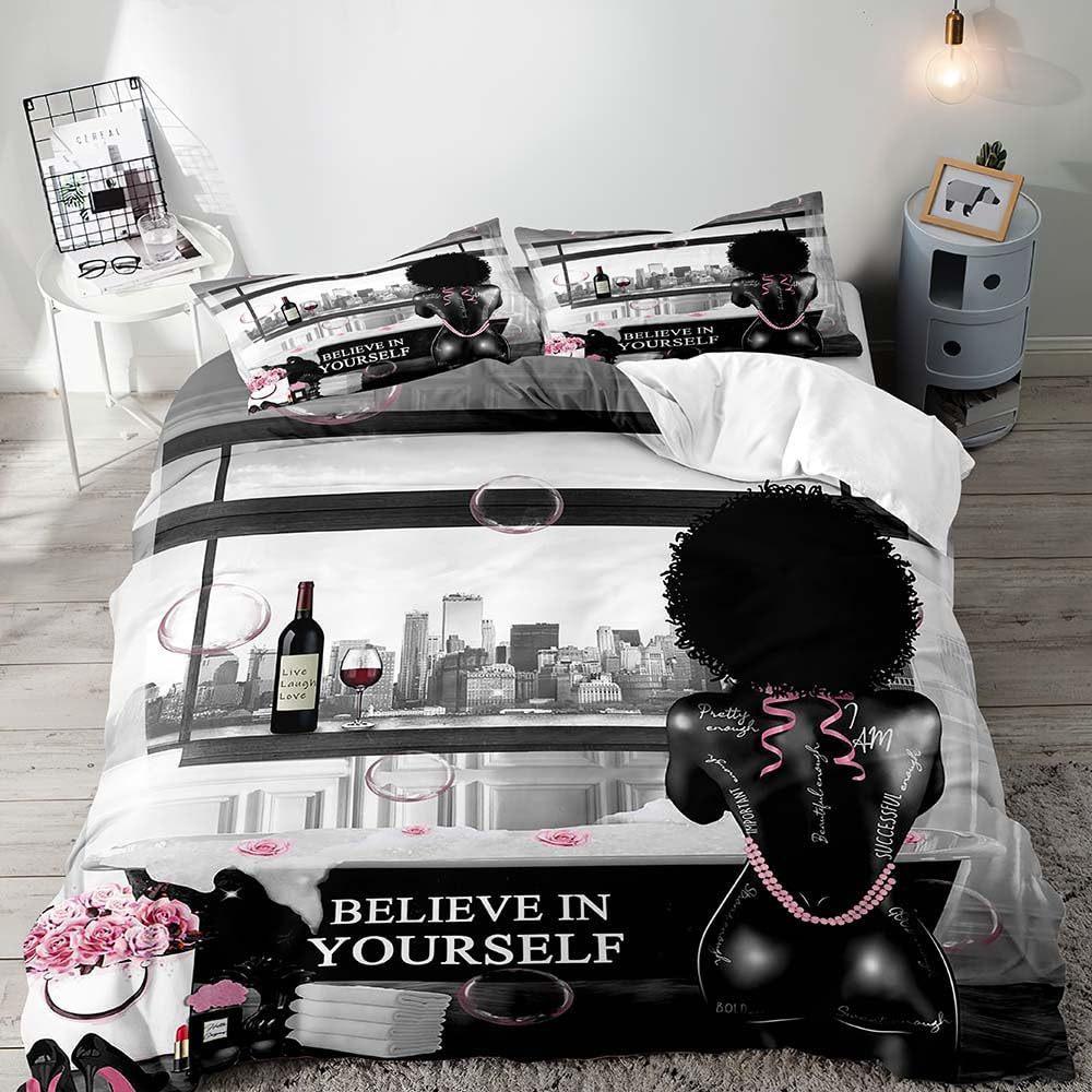African Girl Duvet Cover Eiffel Tower Three-Piece Soft Bedding Set With Pillowcase