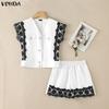 VONDA 2PCS Summer Women Sleeveless Lace Splicing Tank Tops and Shorts Pants Casual Sets