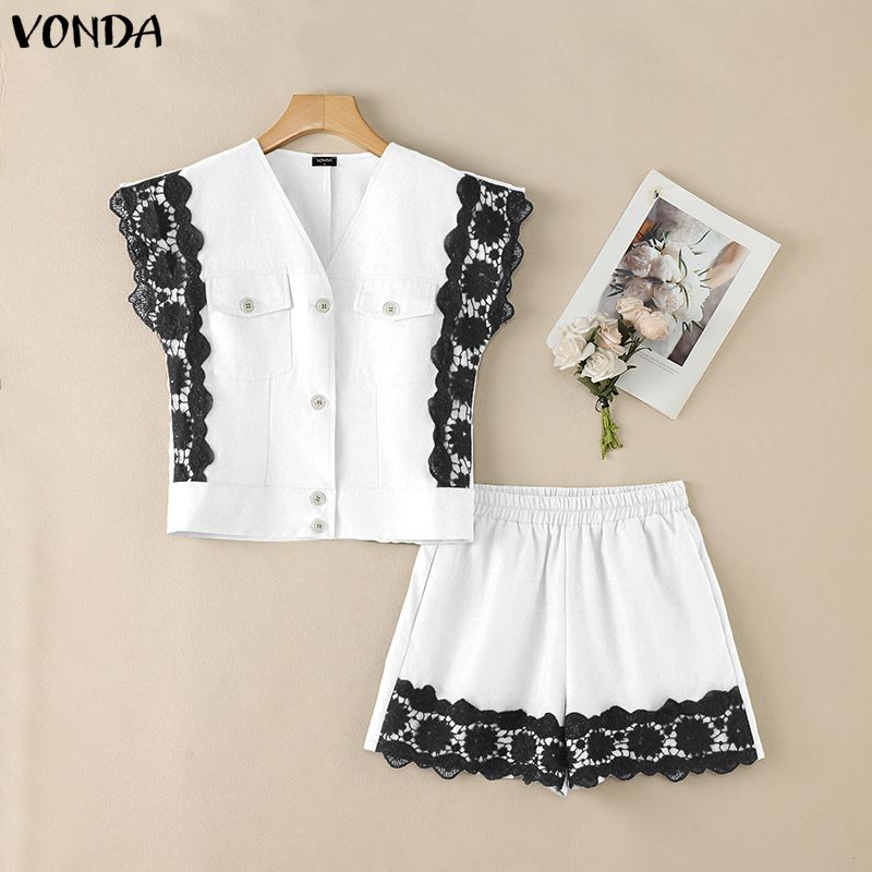 VONDA 2PCS Summer Women Sleeveless Lace Splicing Tank Tops and Shorts Pants Casual Sets