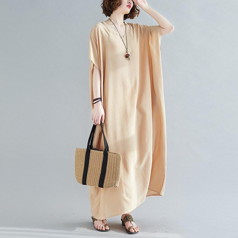 DIMANAF 2021 Plus Size Women Dress Bohemian Beach Korean Style Summer Sundress Solid Maxi Dress Loose Design Casual Long Dress