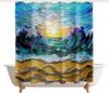 Stained Glass Beach Waves Shower Curtains Coastal Ocean Sunrise Barn Door Decor Polyester Fabric Waterproof Bathroom Curtains