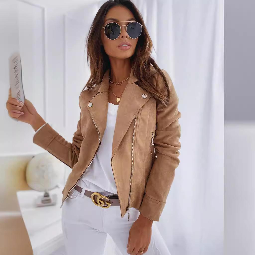 Women's Suede Moto Biker Jacket Zip Up Lapel Long Sleeve Slim Fit Casual Outerwear