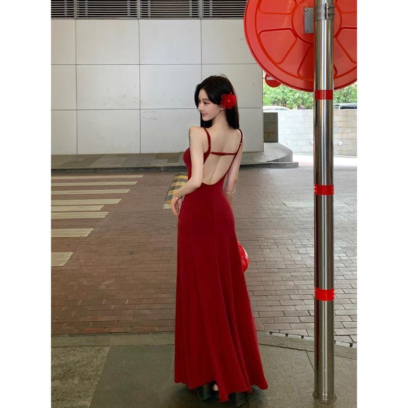 Kumikumi Pure Desire Style Sexy Gray Sling Dress Women Summer With Chest Pad Slim fit Backless Sheath Long dress