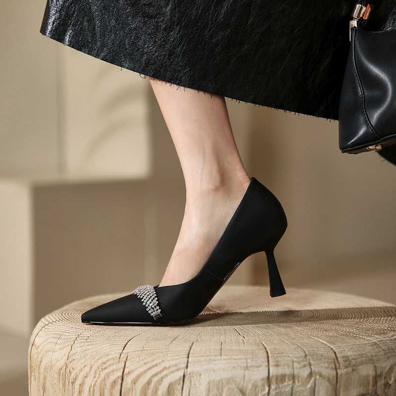 Cow Leather Pointed Toe High Heels Rhinestone Women Pumps