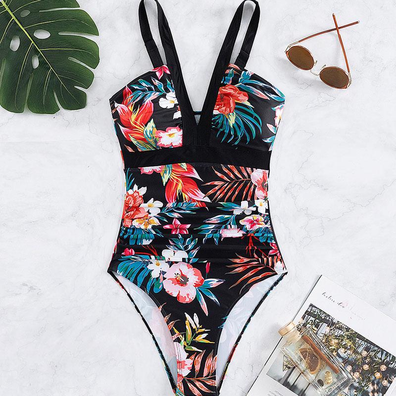 One Piece Women Swimwear Deep V Floral Print Swimsuit