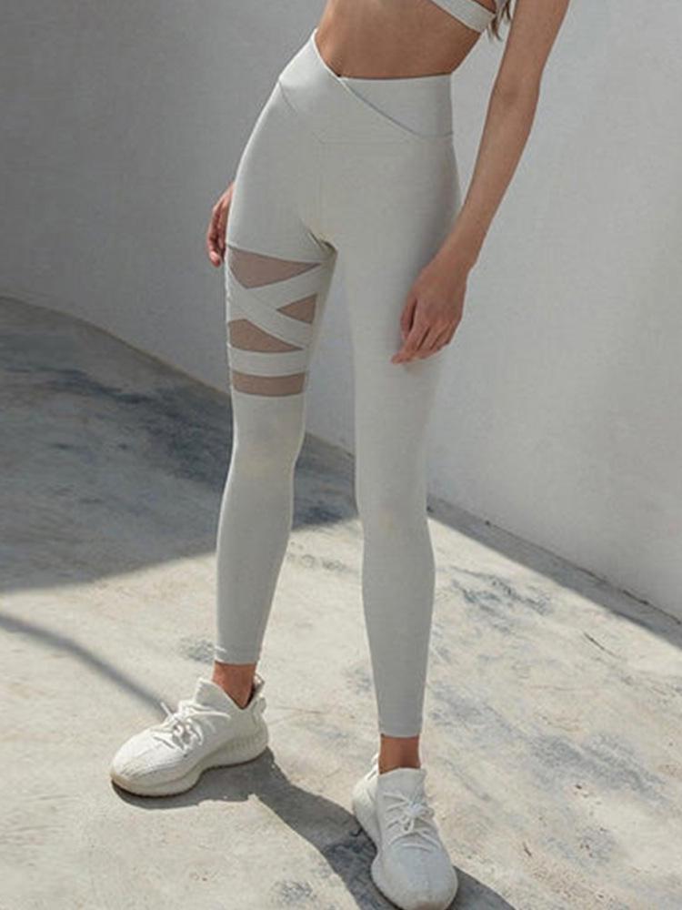 White Nude High Waist Breathable Mesh Yoga Leggings - Women's Tight Fitness Pants