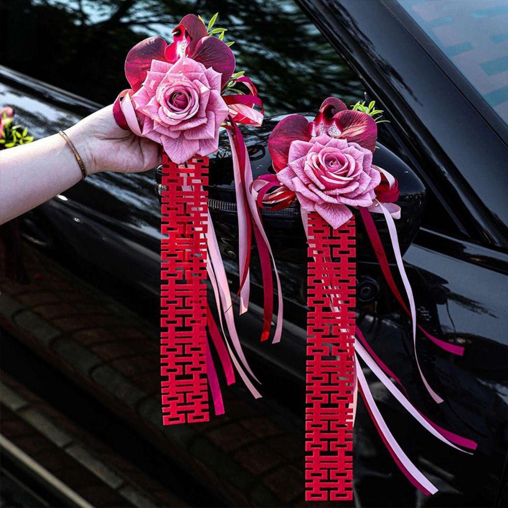 2Pcs Bowknot Ribbon Wedding Car Flower Suction Cup Wedding Decoration  Car Handle