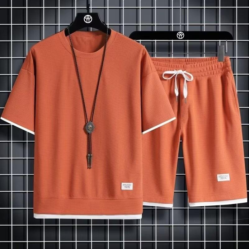 Men's Korean-Style Waffle Summer Casual Shorts and T-Shirt Set